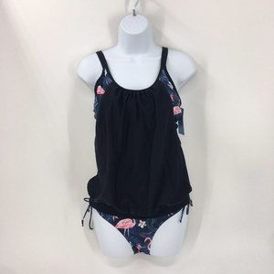 Yonique 2 Piece Flamingo Blouson Sports Bra Swimsuit Tankini Top & Tie Bottom S